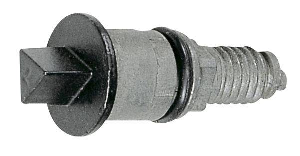 Ein Metallbolzen mit sechseckigem Kopf und Gewinde. Der Bolzen ist silbern mit einem schwarzen Kopf und hat einen Dichtring.