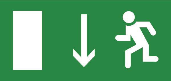 Notausgangsschild: Weiße Tür, Pfeil nach unten, und laufende Figur auf grünem Hintergrund.