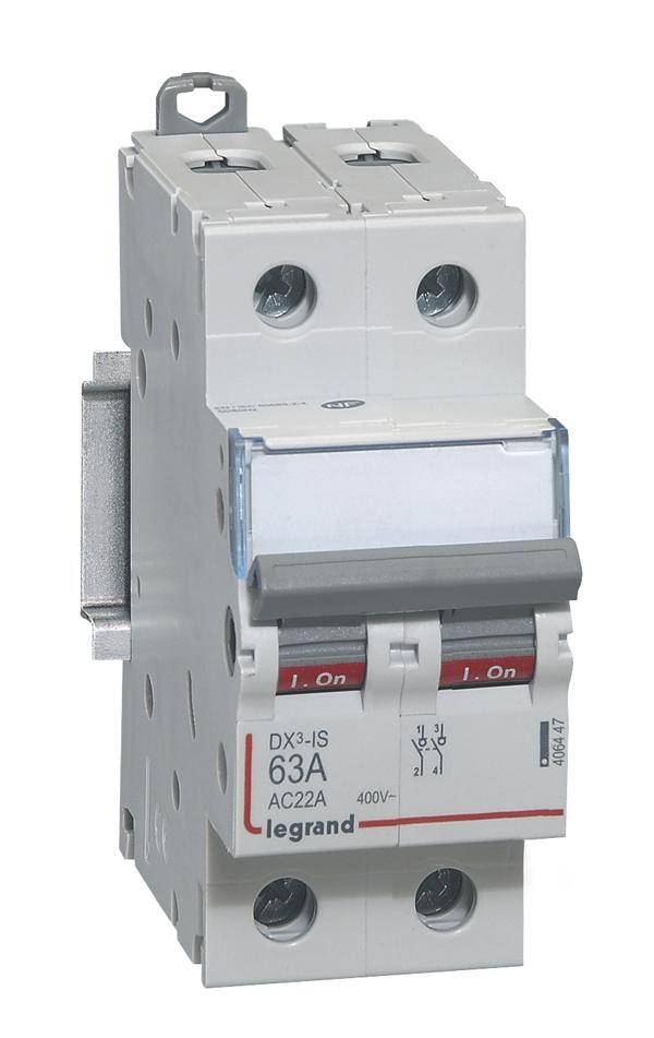 Ein zweipoliger Leitungsschutzschalter von Legrand mit der Bezeichnung 'DX3-IS', 63A, 400V, für den Schutz elektrischer Schaltungen.