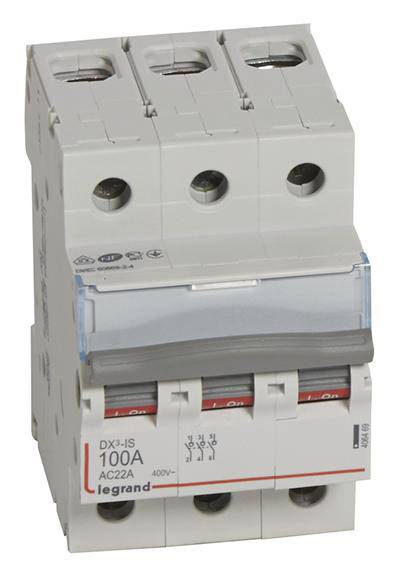 Ein dreipoliger, elektrischer Leistungsschalter von Legrand, Modell DX³-IS, ausgelegt für 100A und 400V.