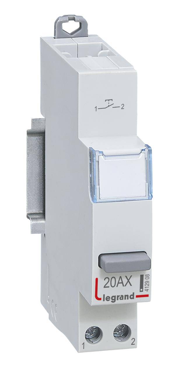 Schaltgerät mit zwei Schraubklemmen, grauem Knopf, aufgedruckter Beschriftung '20AX legrand' und Bedienungsanleitungssymbol.