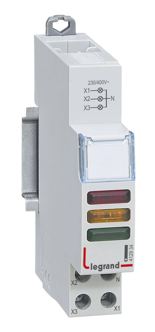 Ein dreiphasiger Spannungswächter von Legrand, mit Kontrollleuchten für Phasenzustände in einem grauen Gehäuse. Geeignet für 230/400V.