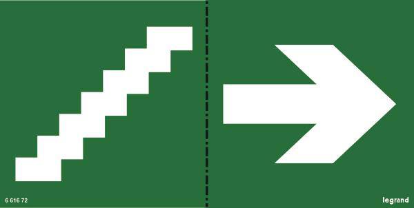 Grünes Notausgangsschild mit weißer Treppe nach unten links, gefolgt von einem weißen Pfeil nach rechts.