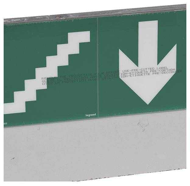 Grünes Schild mit weißem Pfeil nach unten und Treppensymbol, das den Weg zum Ausgang oder Notausgang anzeigt.