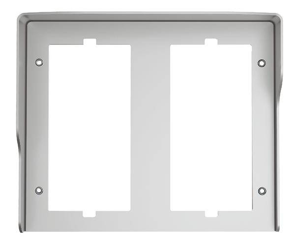 Metallrahmen mit zwei rechteckigen Auschnitten, möglicherweise zur Montage von Schaltern oder Steckdosen.