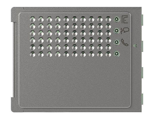 Metallplatte mit Lüftungslöchern und grünen Symbolen. Symbole umfassen Ohr, Mund und Pfeile, die Kommunikation oder Telefonie darstellen.