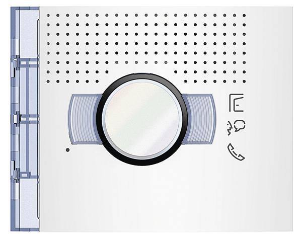 Ein runder Schalter auf einer weißen Oberfläche, umgeben von schwarzen Symbolen für Telefon, Müll und Notiz. Rechts oben sind kleine Löcher.