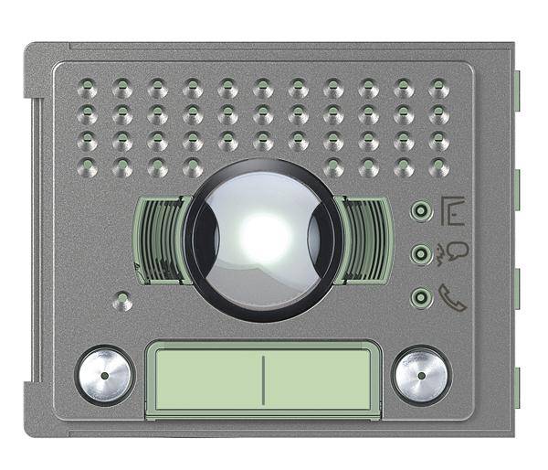 Klingelanlage mit runder Kamera oben in der Mitte, Lautsprechergitter, Mikrofon und zwei Tasten unten, umgeben von hellgrünen Akzenten.