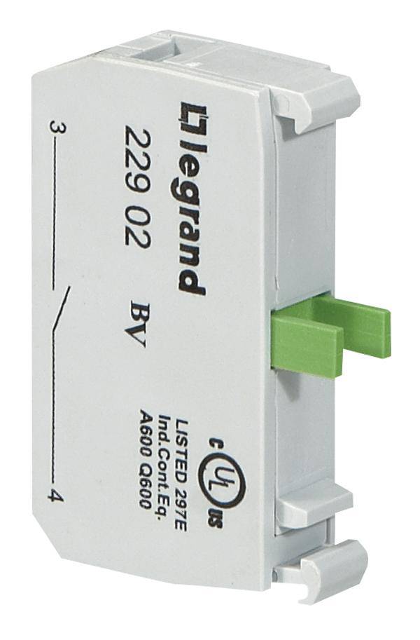 Ein graues elektrisches Schaltelement von Legrand mit grüner Taste, Modellnummer 229 02, wird aus einer seitlichen Perspektive gezeigt.