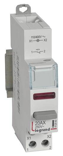 Ein weißer einpoliger Schalter von Legrand, bewertet mit 20AX und 250V. Er hat Anschlüsse für X1 und X2 sowie eine rote Anzeigeleuchte.