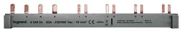 'Legrand 4.049.84 Stromschiene' mit Aufschrift '63A - 220/400V - 16 mm²'. Zehn Steckkontakte, geeignet für elektrische Verbindungen.