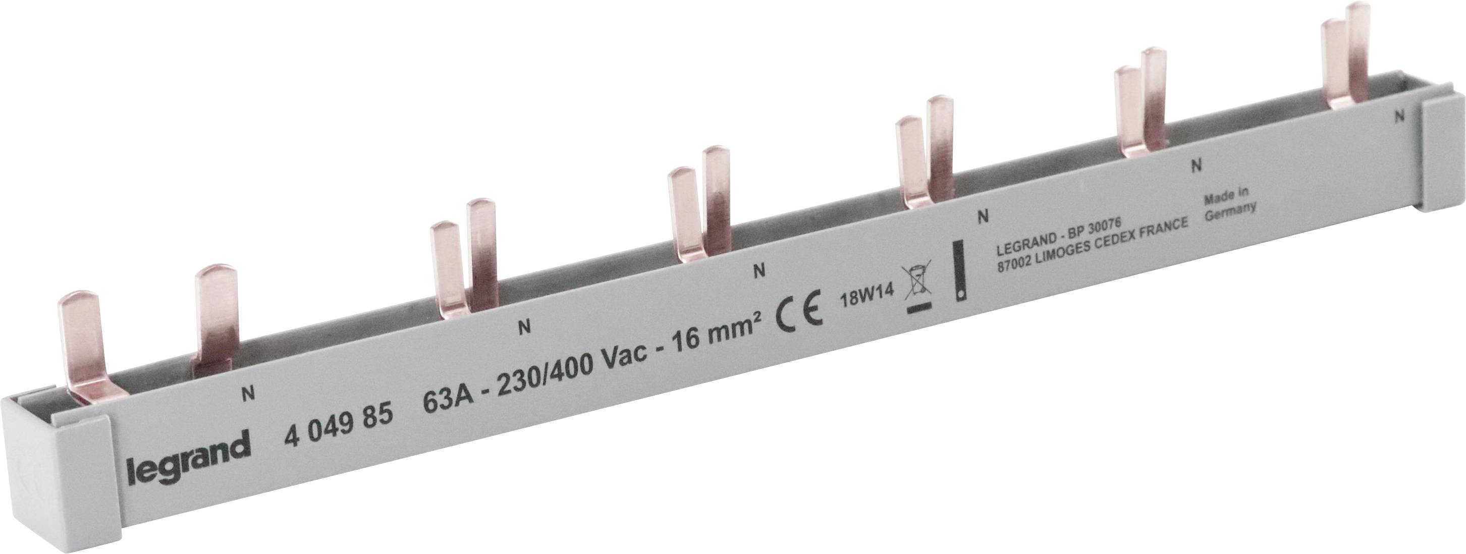 Metallschiene von Legrand mit sechs L-förmigen Kupferklemmen, beschriftet mit 'N', geeignet für 63A, 230/400V AC, 16 mm².