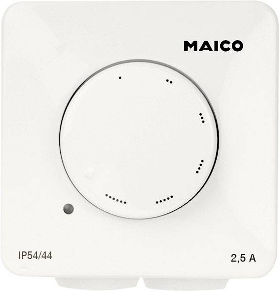 Weißer Drehschalter von 'MAICO', geeignet für 2,5 A mit IP54/44 Schutzart. Schlichtes Design, Funktion für Steuern elektrischer Geräte.