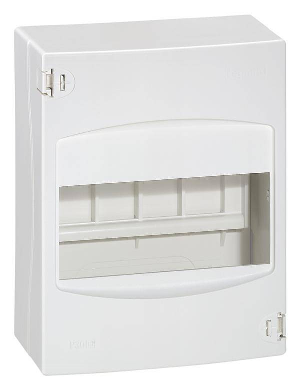 Weißer, rechteckiger Sicherungskasten mit transparentem Sichtfeld auf der Vorderseite.