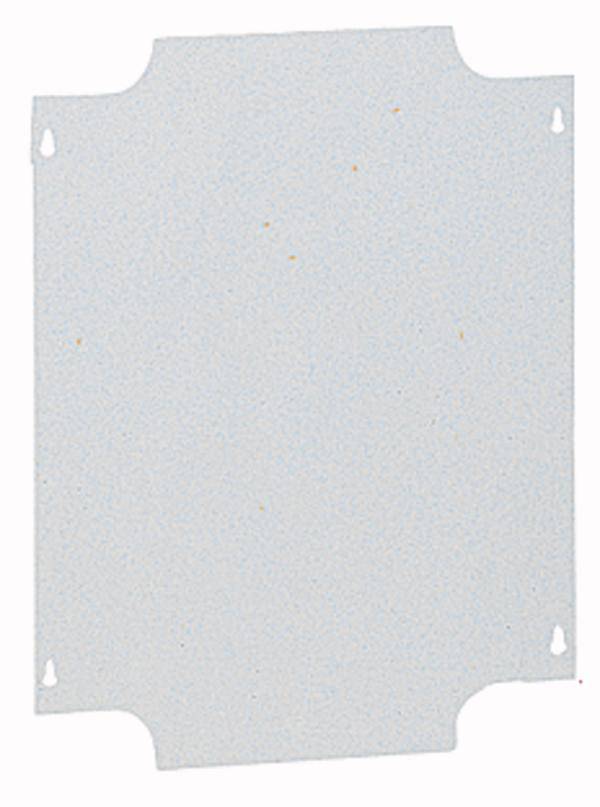 Ein rechteckiges, hellgraues Metallblech mit vier kleinen Löchern an den Ecken. Es ist glatt und hat eine minimal strukturierte Oberfläche.