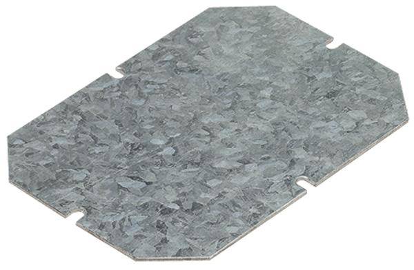 Flache rechteckige Metallplatte mit abgeschrägten Ecken und leicht rauer, gesprenkelter Oberfläche.
