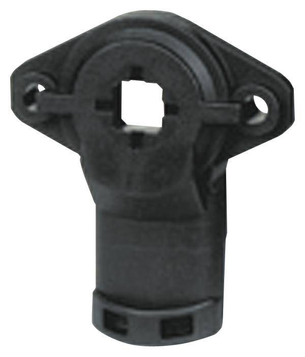 Ein schwarzes Kunststoffteil mit rechteckiger Öffnung und zwei Befestigungslöchern. Es scheint ein Verbindungselement oder Halter zu sein.