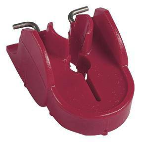 Ein rotes Lockout-Gerät aus Kunststoff mit metallischen Verriegelungselementen zur Sicherung von Ventilen in geschlossener Position.