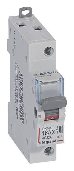 Einpoliger Leistungsschalter von Legrand, Modell DX3-IS, 16AX, 250V, mit grauem Hebel und roten Einsätzen, zum Schutz elektrischer Schaltkreise.