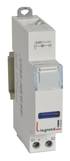 Elektrisches Bauteil von 'legrand', Modell mit blauer und transparenter Abdeckung, Anschlussklemmen unten, für Schaltsysteme geeignet.