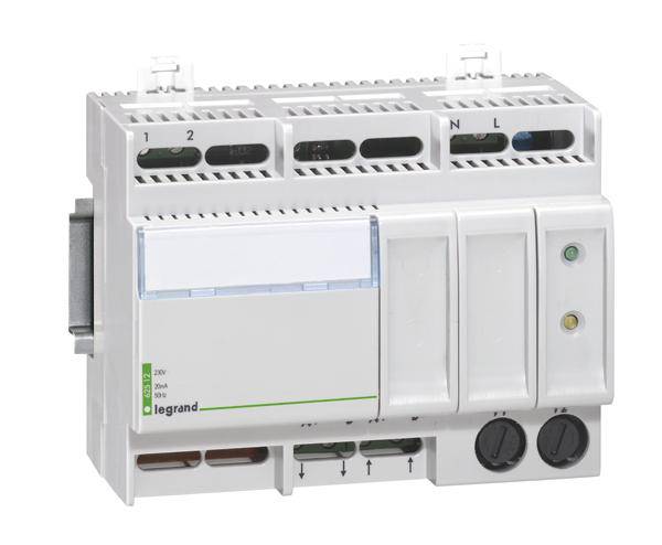 Elektrische Schalteinheit mit mehreren Anschlussklemmen, Lüftungsschlitzen und zwei Drehreglern, mit der Aufschrift 'Legrand'.