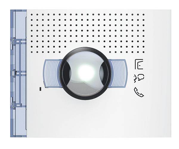 Ein modernes Türsprechanlagen-Modul mit Kamera und Mikrofon. Links befindet sich ein blaues Gehäuseelement, rechts Symbole für Funktionen.