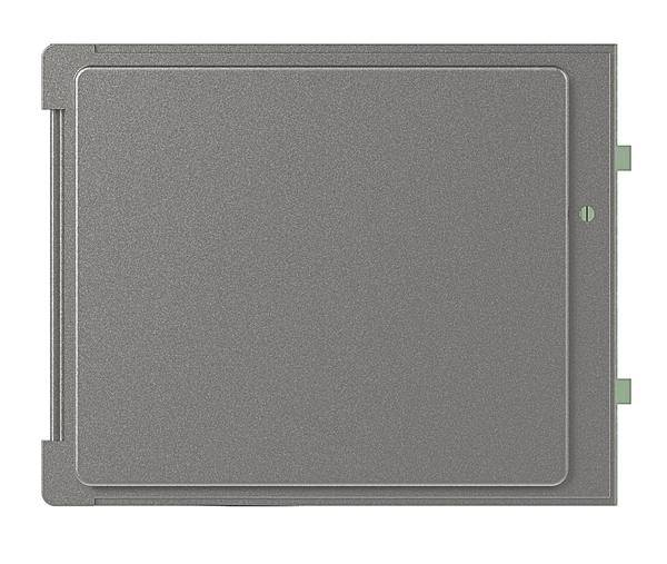 Eine graue, quadratische Abdeckung mit abgerundeten Ecken und kleinen grünen Akzenten an den Seiten.