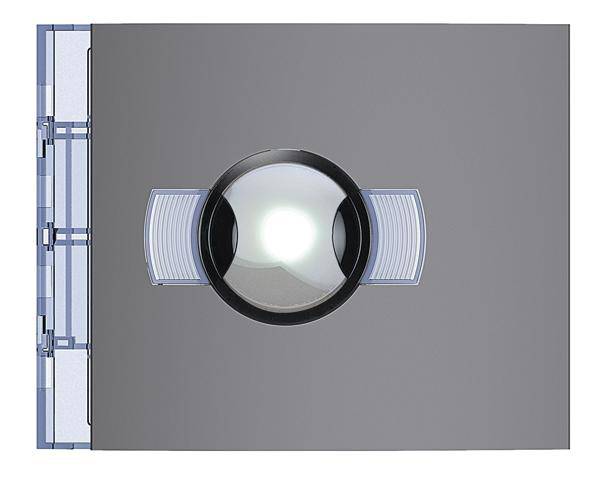 Ein graues Bedienfeld mit einem großen, zentralen Knopf und zwei seitlichen blauen Abdeckungen, vermutlich ein technisches Steuergerät.