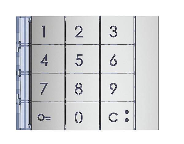 Eine silberne Schaltfläche mit einem numerischen Tastenfeld (1-9, 0) und Symbolen für ein Schloss auf der linken Seite.