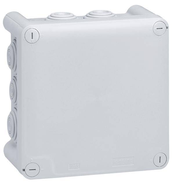 Ein rechteckiges, graues Kunststoffgehäuse mit abgerundeten Ecken und mehreren runden Dichtungen an den Seiten für Kabeldurchführungen.