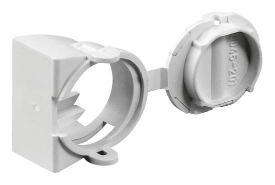 Ein Kunststoff-Kabelhalter mit einem schwenkbaren Deckel, geeignet zur Befestigung von Kabeln in technischen Installationen.