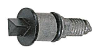Metallschraube mit Gewinde und Kunststoffkopf, Pfeilmuster zeigt auf Schraubenenden. Wird oft zum Befestigen in Maschinen verwendet.