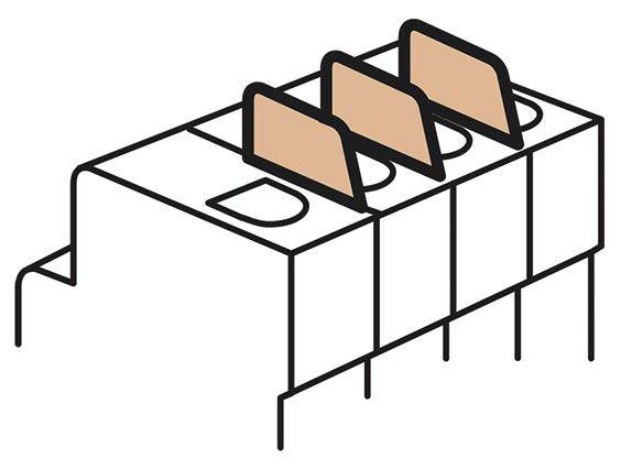 Illustration von vier Reihen Tischaufbauten mit orangefarbenen Sichtschutzwänden. Symbolisiert Büroarbeitsplätze oder Arbeitsplatzaufteilung.