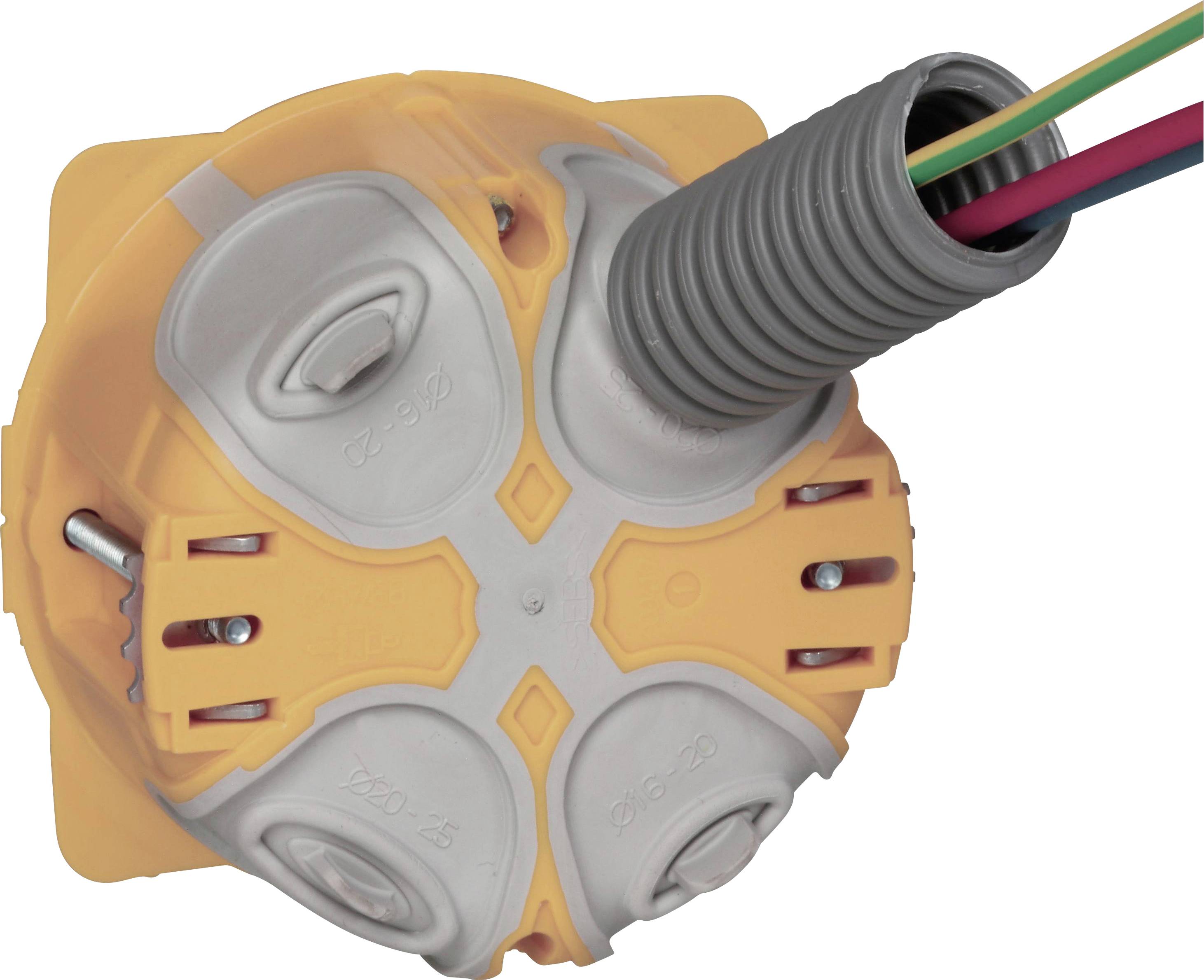 Orange-graue elektrische Abzweigdose mit flexiblem Kabelrohr und farbigen Drähten, geeignet für Deckeneinbauinstallationen.