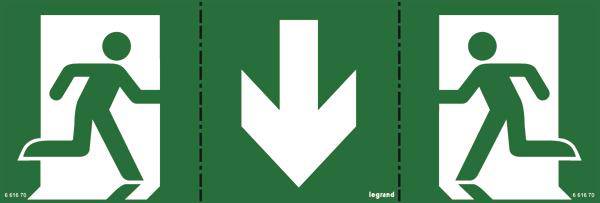 Notausgangsschild mit Piktogrammen eines laufenden Männchens nach links und rechts sowie einem Pfeil nach unten zur Kennzeichnung der Fluchtrichtung.