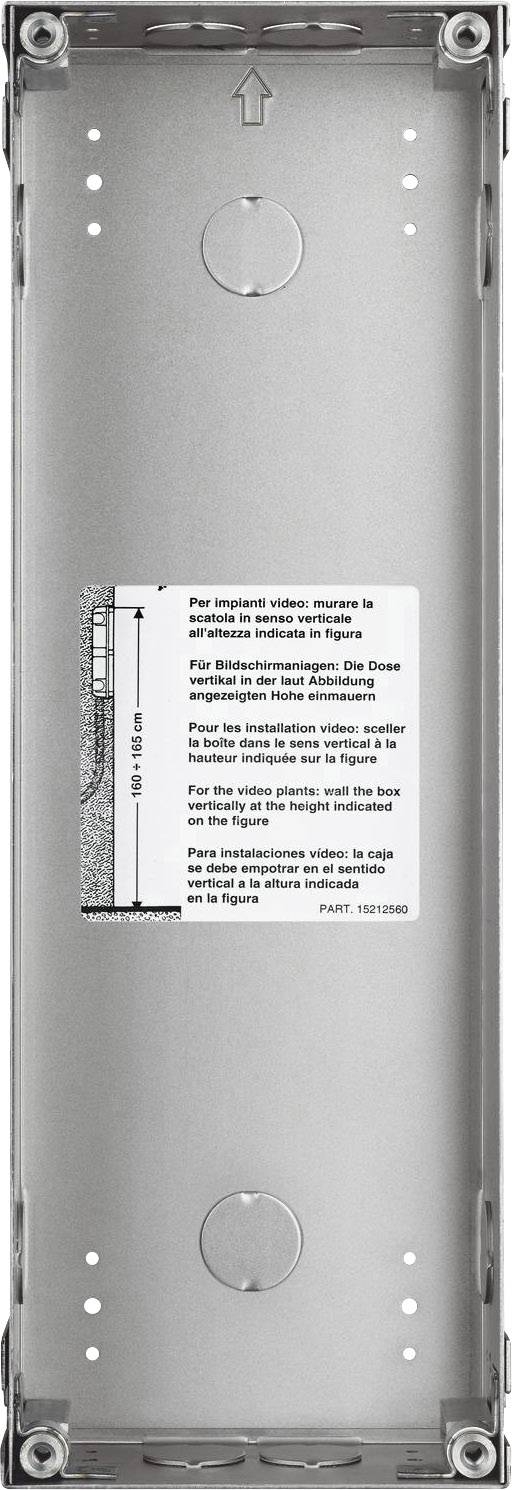 Metallgehäuse für ein elektronisches Gerät, mit einer Installationsanleitung in mehreren Sprachen, Höhenmarkierung und Richtungspfeil.