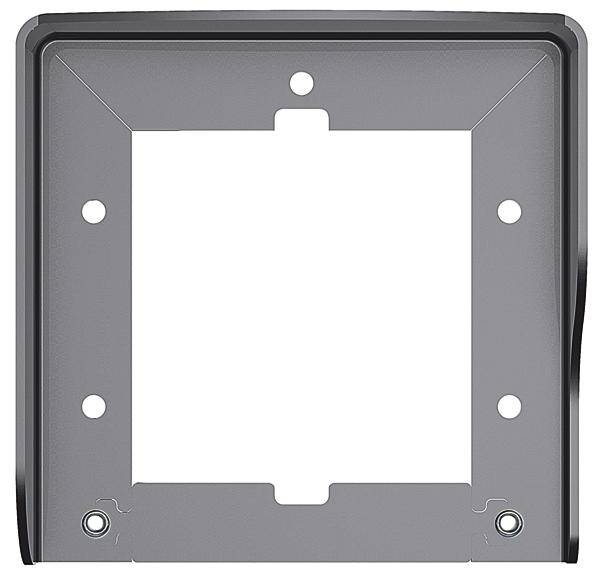 Ein rechteckiger, grauer Kunststoffrahmen mit Befestigungslöchern und einer quadratischen Aussparung in der Mitte.