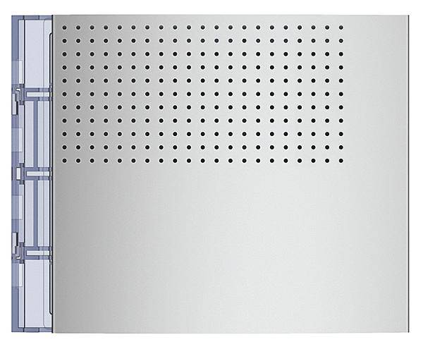 Perforierte Metallplatte mit symmetrischem Lochmuster auf der rechten Seite, links eine transparente technische Struktur ersichtlich.