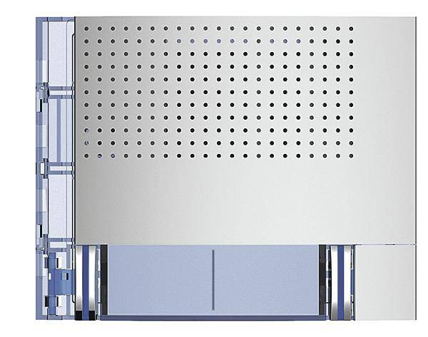Eine Metallschublade mit perforierter Oberseite und blauer Innenseite, dargestellt in einem Querschnitt zur Illustration der Bauteile.