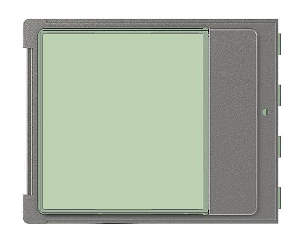 Ein quadratischer digitaler Bildschirm, umgeben von einem grauen Kunststoffrahmen, geeignet für elektronische Geräte oder Anwendungen.