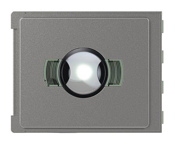 Graues elektronisches Gerät mit einer zentrierten, leuchtenden Linse und grünen Akzenten auf beiden Seiten der Linse.