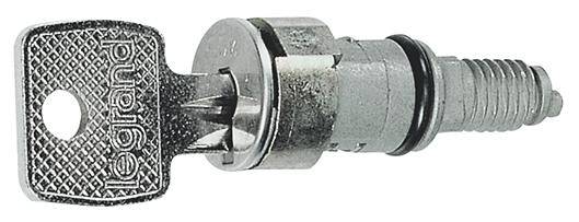 Schloss mit Schlüssel, metallisch, zylindrische Form, Markenname 'legrand' auf Schlüssel eingeprägt, geeignet für Schaltschränke.