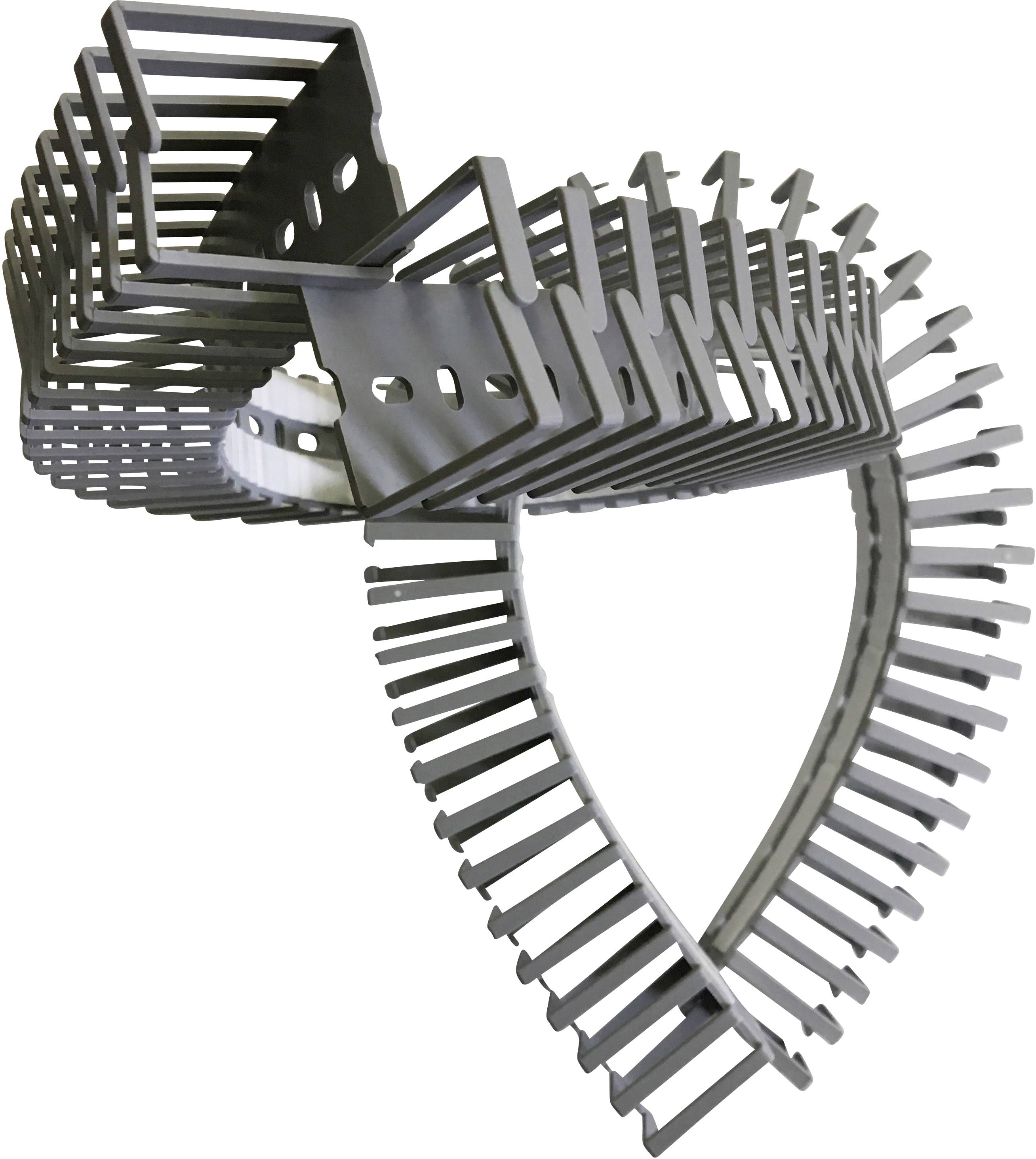 Metallische, gewundene Struktur in grau, bestehend aus mehreren übereinanderliegenden rechteckigen Elementen, die eine spiralförmige Form bilden.