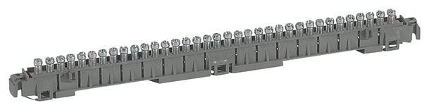 Ein schwarzer elektrischer Verteilerblock mit mehreren Anschlussklemmen in einer Reihe angeordnet.