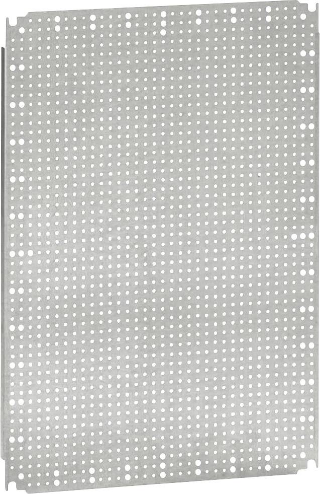 Graues, perforiertes Metallblech mit kleinen, gleichmäßig verteilten Löchern, wahrscheinlich als Belüftungselement oder dekoratives Design verwendet.