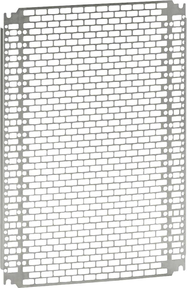 Metallplatte mit rechteckigen Lochmustern, rechteckige Form, silberfarben. Verwendung oft in industriellem oder baulichem Kontext.