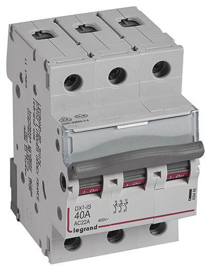 Ein dreipoliger Leistungsschalter von Legrand, Modell DX3-IS, für 40A und 400V, typischerweise zur Steuerung elektrischer Stromkreise verwendet.