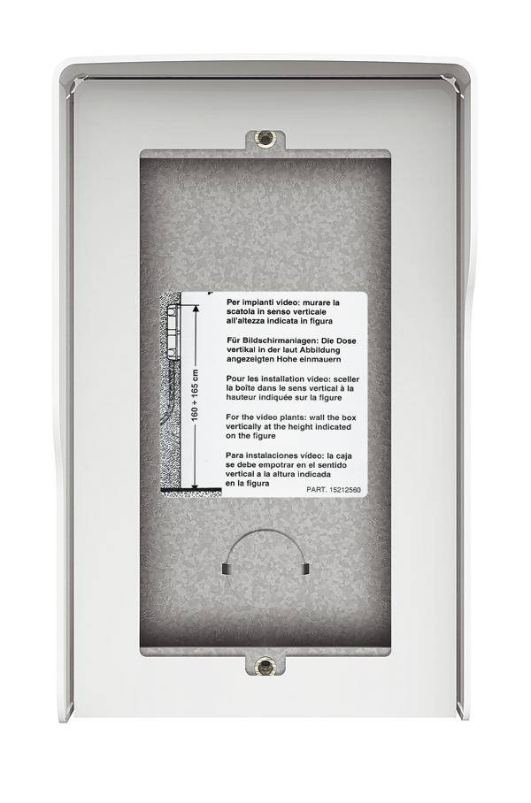 Eine rechteckige Wandhalterung mit Montageanleitung für verschiedene Installationsarten in mehreren Sprachen, inklusive Maße.