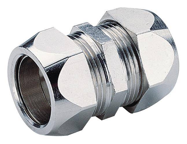 Metallische Rohrverschraubung, zylindrische Form, glänzende Oberfläche. Verwendet zur Verbindung von Rohren in Sanitär- oder Heizsystemen.