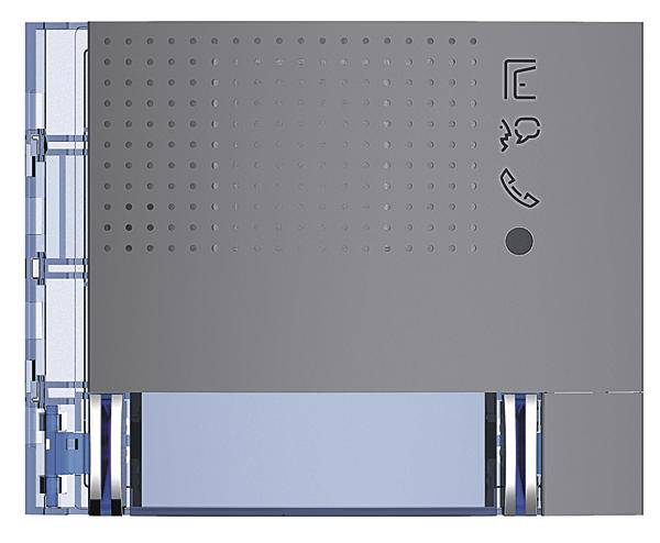 Graues Bedienfeld mit Symbolen für 'Glocke', 'Person' und 'Telefon', Anzeigeleuchten und transparentem Abdeckstreifen im unteren Bereich.